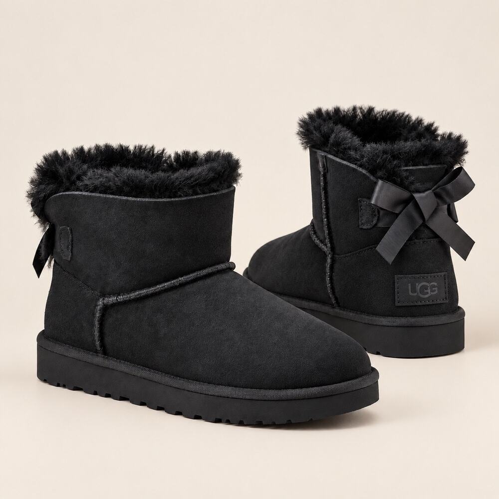 UGG Mini Bailey Bow II Black Suede Sheepskin Boots Women’s 8 New In Box